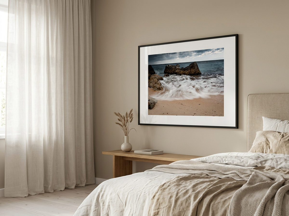 Curated Serenity mood, artwork styled in a room