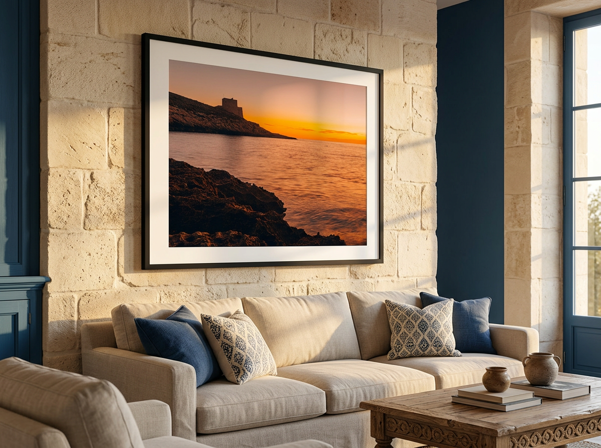 Mediterranean Sophistication mood, artwork styled in a room